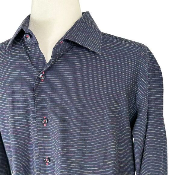Jared Lang Navy Blue & Pink Striped Button Down Long Sleeve Dress Shirt - Picture 3 of 9
